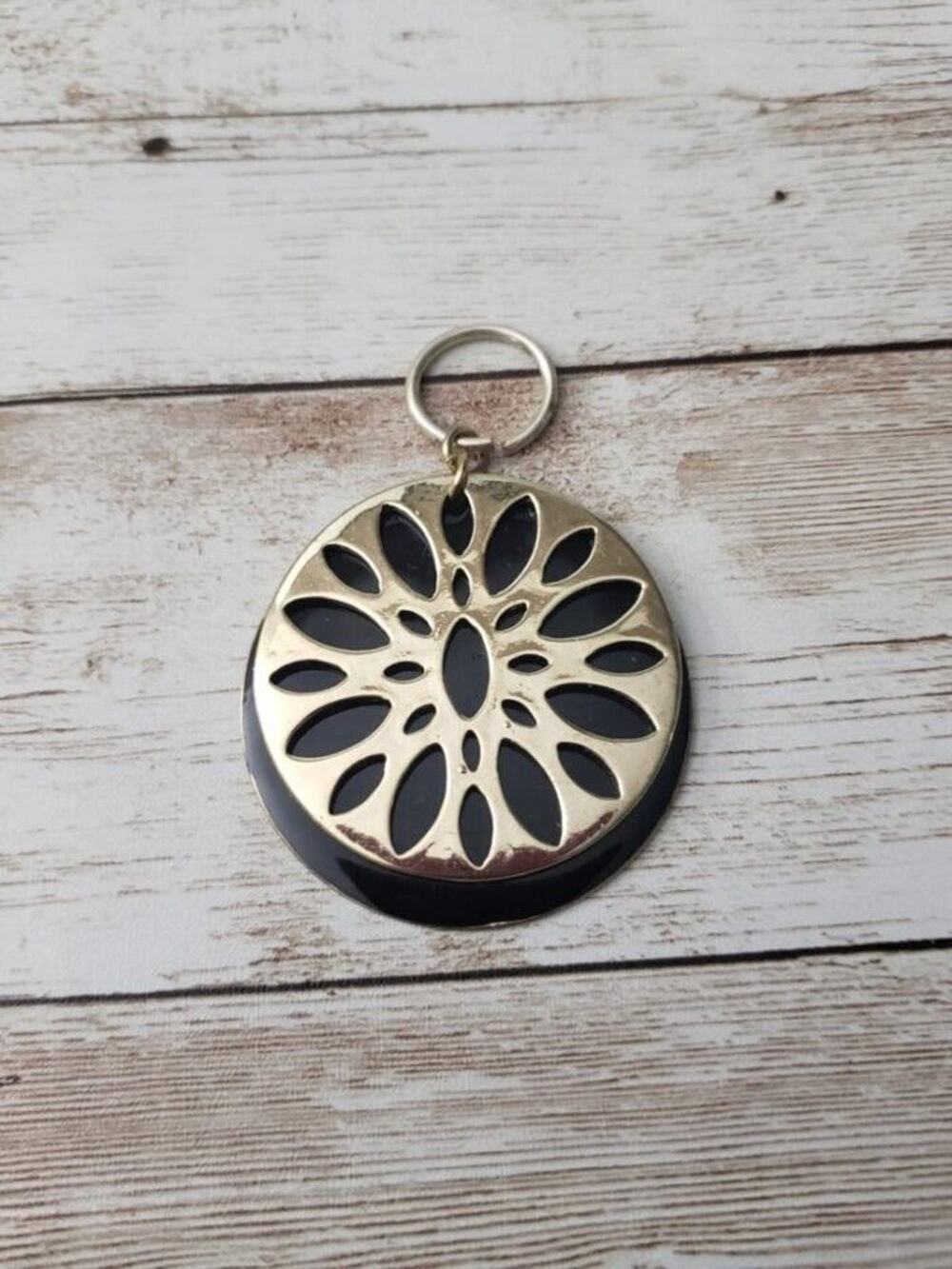Gold Tone & Black Cut Out Flower Pattern Vintage Pendant - No Chain Included